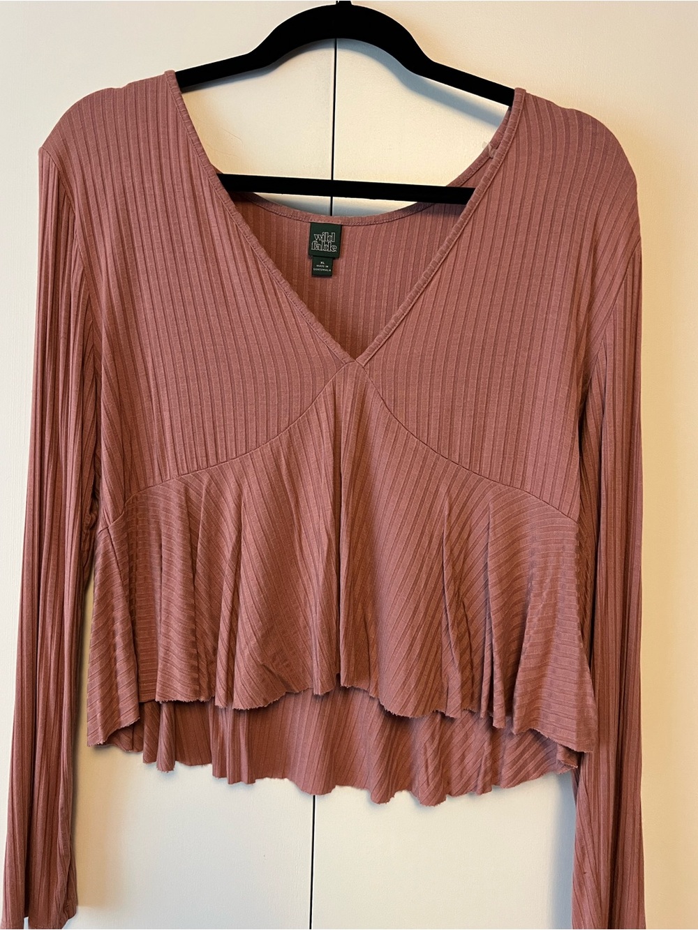 wild fable Ribbed Long Sleeve V-Neck Peplum Top - Mauve